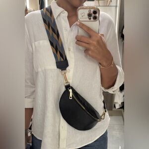 Navy Blue Leather Crossbody Bag with Adjustable Patterned Strap